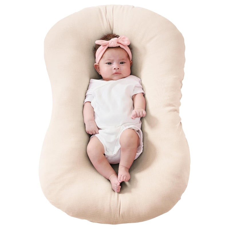 FUNUPUP Muslin Baby Lounger Cover Compatible with Snuggle Me Lounger, Infant Lounger Pillow Cover for Newborn, Removable Newborn Lounger Cover for Boys and Girls, Only Cover, Beige - Image 1